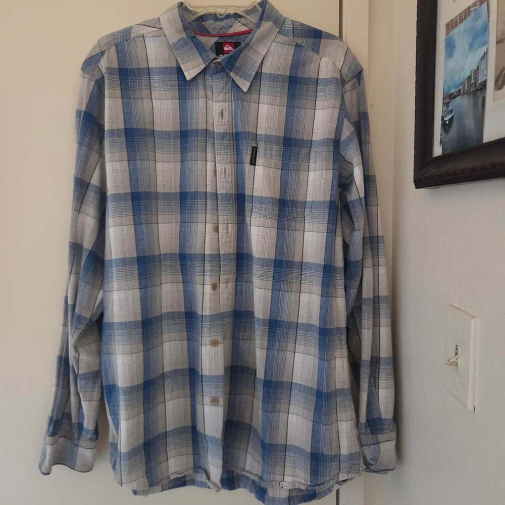 Quiksilver Blue White Plaid Button-Up Long Sleeve Shirt XL